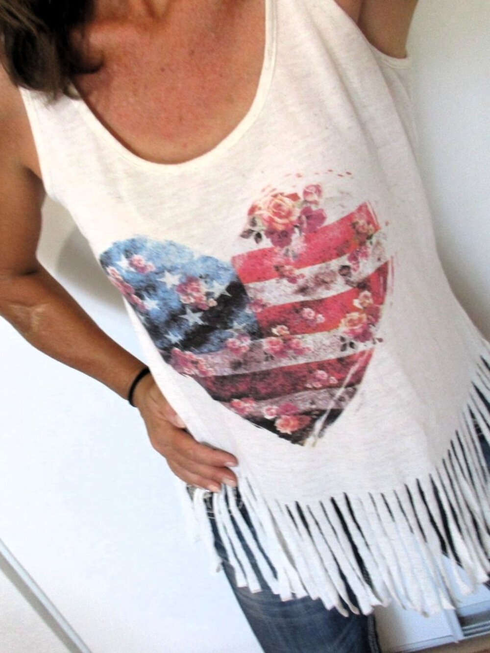 MAURICES Tank Top Size Large Flag Graphic Fringe Trim